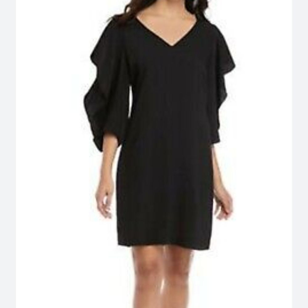 NWT Trina Turk XS Black‎ V-Neck Dress Ruffle Flutter Drape Sleeve Shift